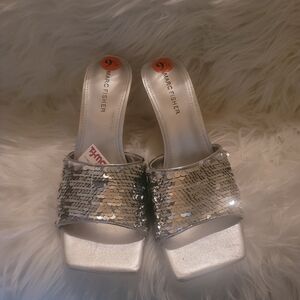 Marc Fisher Glittering Silver Sequin Mules